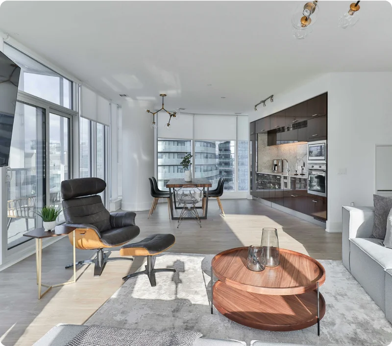 Deep cleaned condo living room and kitchen.